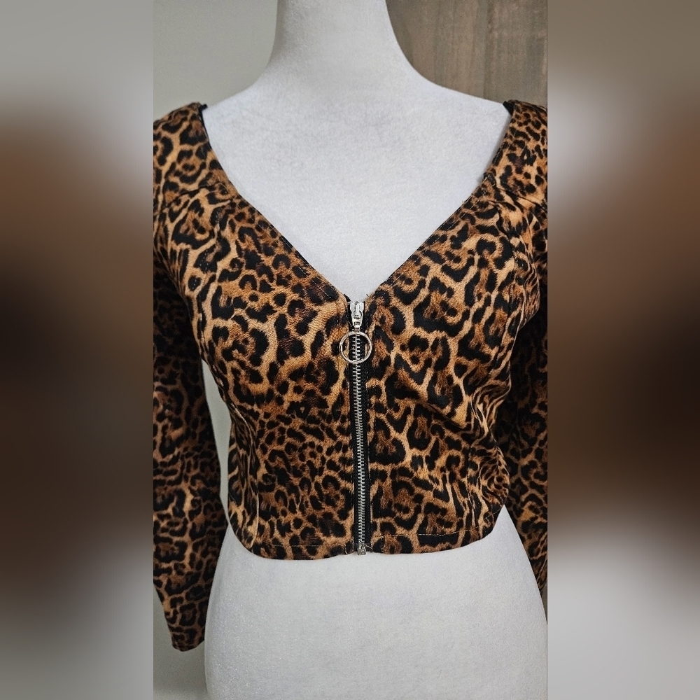 ZARA Leopard Print Long Sleeve Zip Front Puff Sleeve Crop Top.Black/brown.SM NWT - Picture 8 of 14